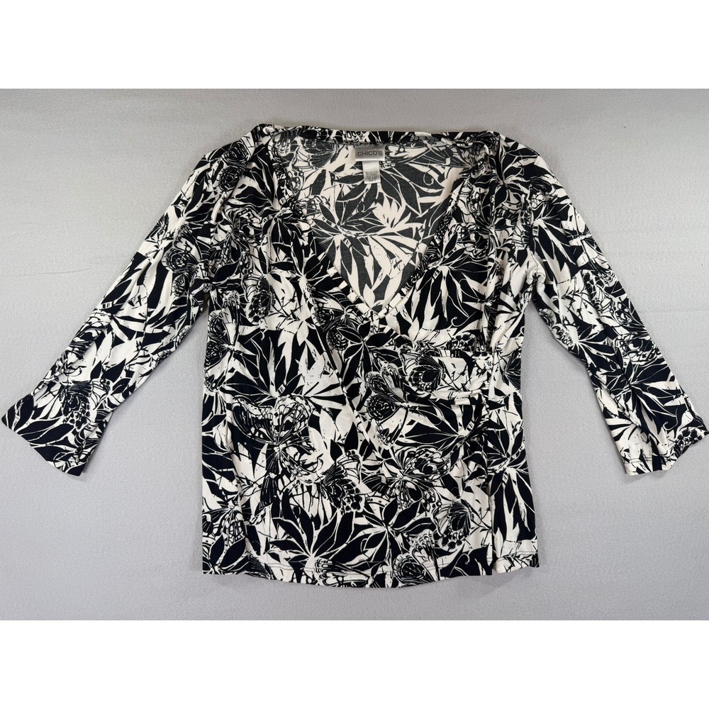 Chicos Butterfly Botanical Wrap Top Black White V-Neck 3/4 Sleeve Size 3 XL
